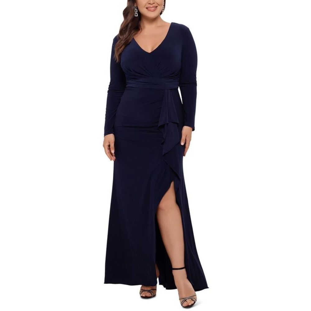 Betsy & Adam Womens Navy Knit V-Neck Formal Evening Dress Gown Plus NWT